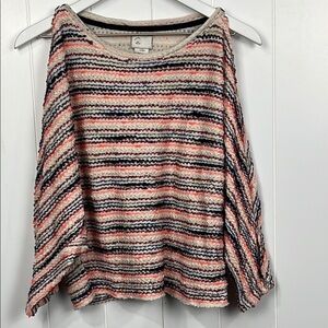 Anthropologie Postmark Womens Crop Sweater M Red Orange Stripes Peekaboo Sleeve